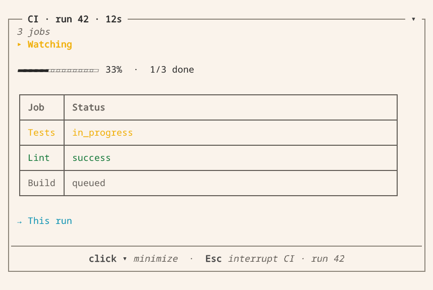 Vis live view showing CI run 42, one of three jobs complete and a job status table
